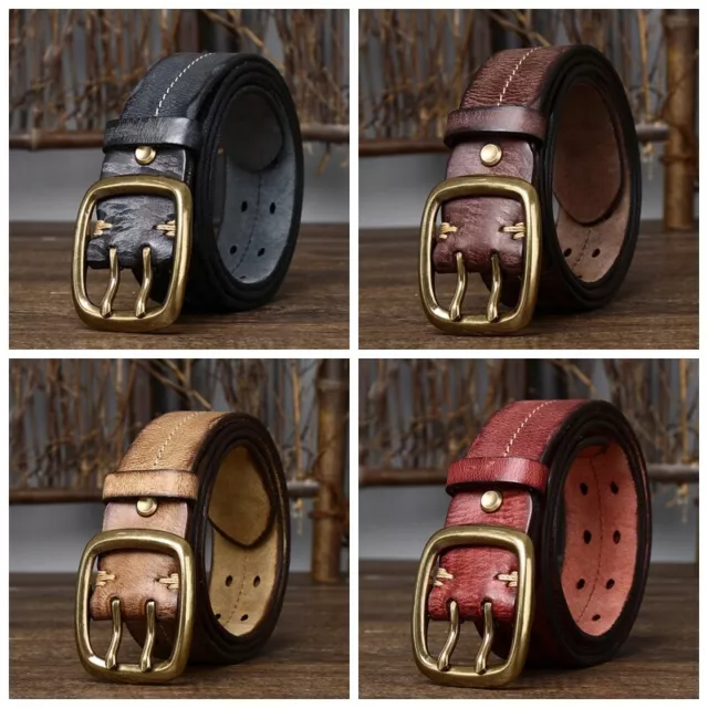 Men Genuine Leather Double Prong Belt Brass Buckle Heavy Duty belt for Trousers