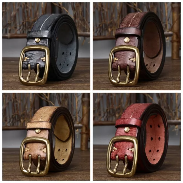Vintage Style Men Genuine Leather Belt Double Prong Brass Buckle Heavy Duty Chic
