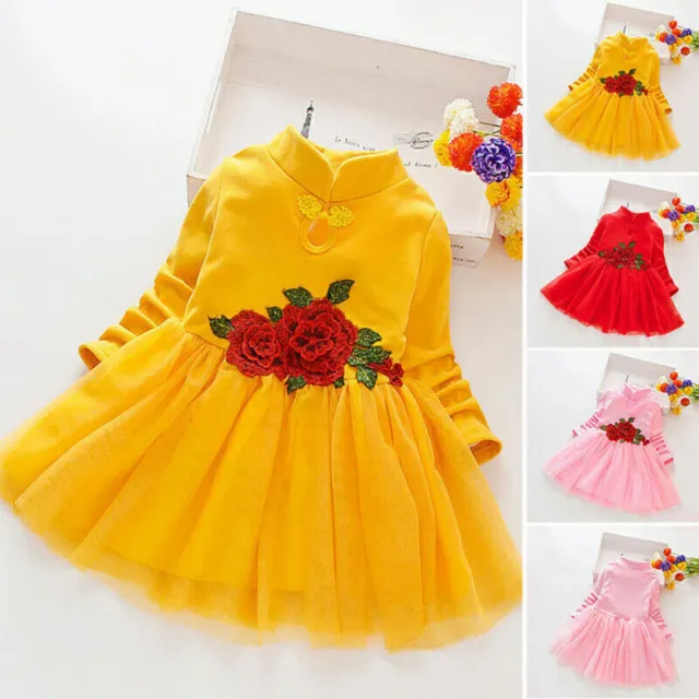 Girl Child Flower Princess Long Sleeve Party Dress Winter Clothes 2-9 Years Old