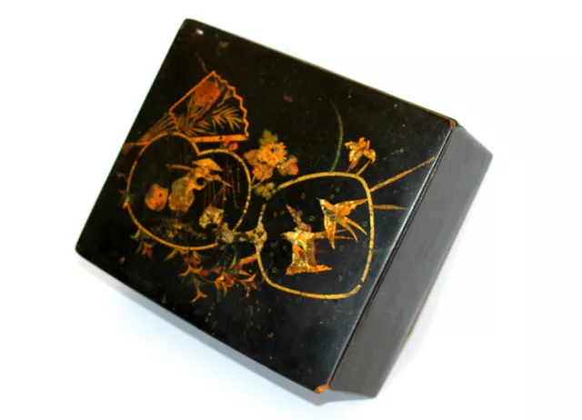 COFFRET BOITE EN BOIS LAQUÉ NOIR & DORÉ - OISEAUX, PAYSANT CHINOIS 18x15x7cm BOX
