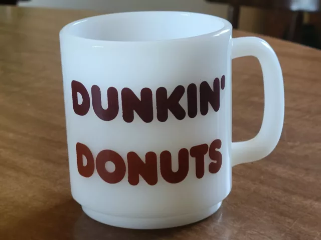 Vintage Glasbake DUNKIN DONUTS White Milk Glass Coffee Mug Brown Letters