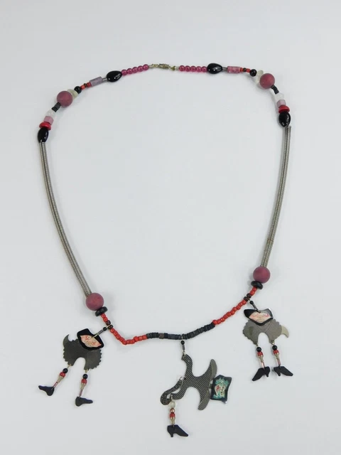 Vintage Kimberly Wilcox Artisan 3 People Pendant Necklace Whimsical! 29" Long