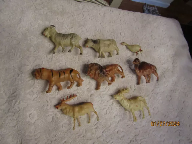 Vintage Set 7 Celluloid Animals Tiger Lion Camel Goat Duck Deer Japan Nippon USA