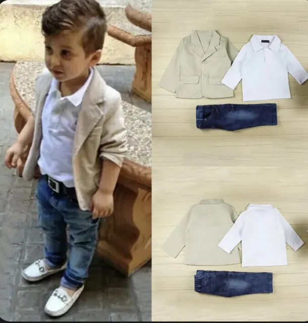 3Pcs/Set Kids Boys Gentleman Blazer Suit + Shirt + Jeans Birthday Outfit Clothes