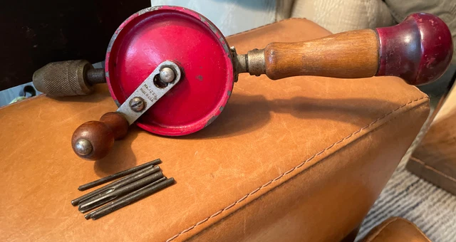 Vintage Defiance by Stanley No. 1220  Eggbeater  Hand Drill with 5 Drill Bits