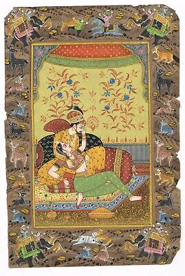 Indian Miniature Painting Mughal Emperor And Empress Romance Art On Old Paper