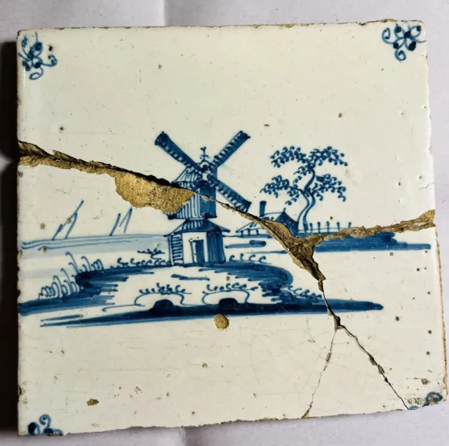 17th or 18th Century Dutch Blue and White Delft Tile - Windmill Landscape A22