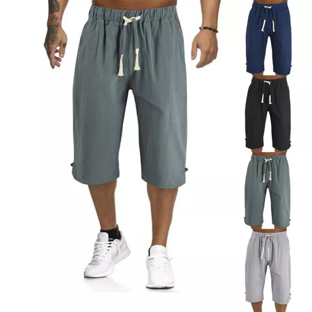 Mens Summer Linen Drawstring Shorts 3/4 Casual Breathable Baggy Pants Trousers