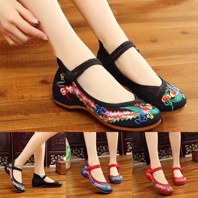 Women Chinese Embroidered Phoenix Flowers Floral Cloth Flats Casual Loafer Shoes