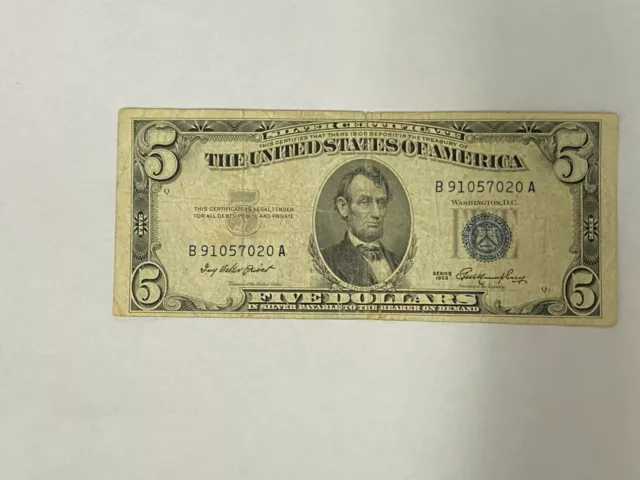 1953 RARE $5 Dollar Bill Note, Silver Certificate