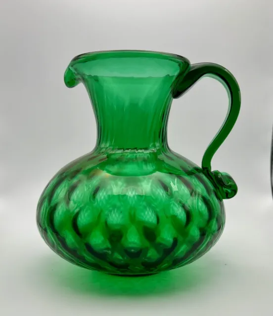 Vintage Pilgrim Art Glass Hand Blown Green Pitcher With Applied Handle 6”