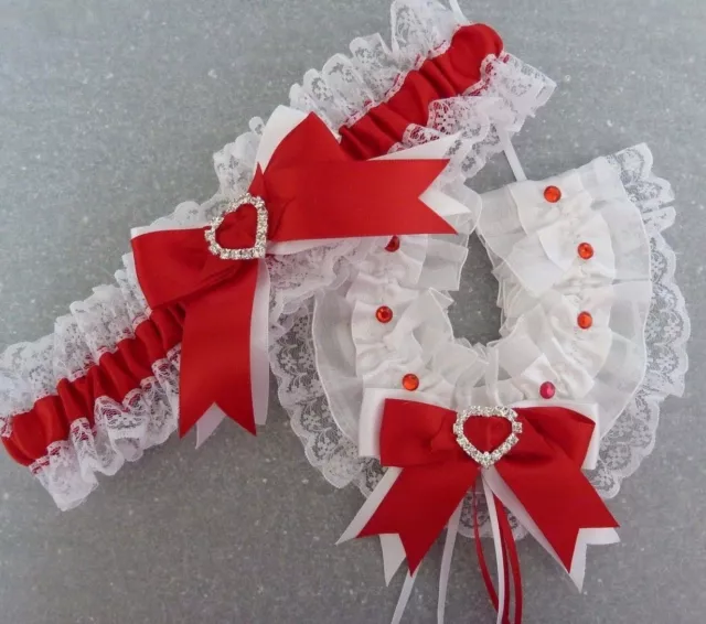 Wedding Garter Horseshoe Set White And Red Heart Diamantes Lace Satin Christmas