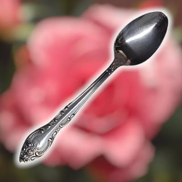 Vintage Rogers Stainless Steel Korea Cabbage Rose Floral Scroll Teaspoon