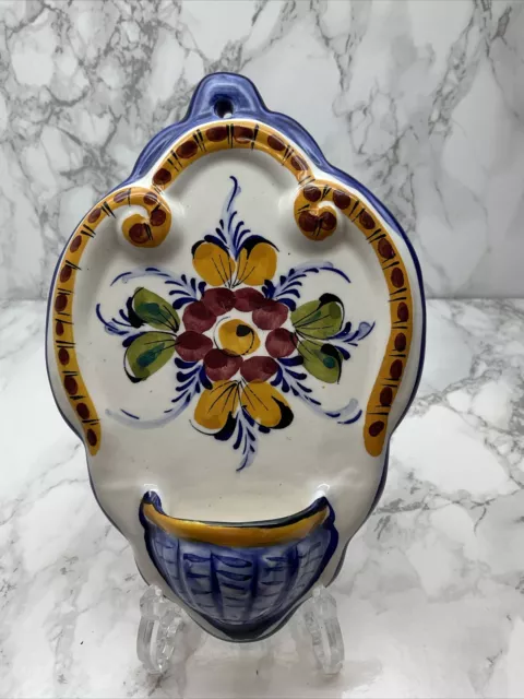 Majolica Holy Water Font Stoup Hand Painted Flowers