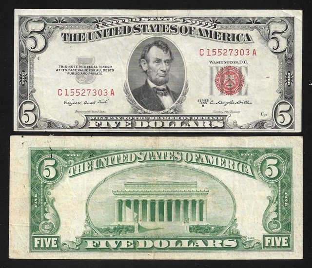 US - $5.00 (Red Seal) Note - Series 1953 - VF condition