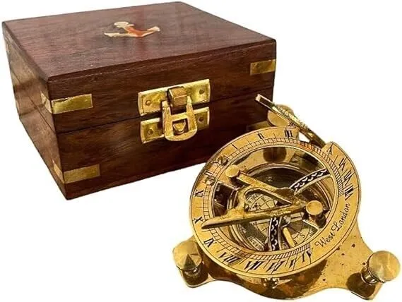 Shiny Brass Folding Sundial Compass with Push Open Wooden Box Best for Gift