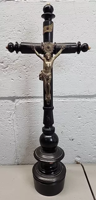 Antique Mid-1800's German Black Wood Crucifix Cross Spelter  Jesus 12.5" tall