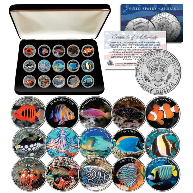 SALT WATER FISH Aquarium Tank JFK Half Dollars US 15-Coin COMPLETE Set with Box