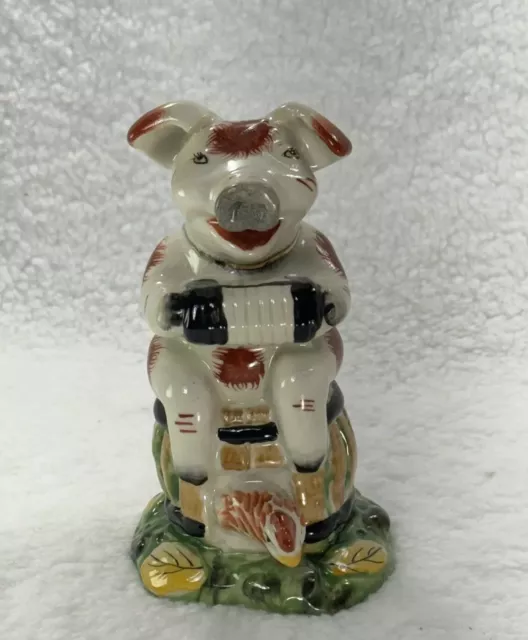 Antique Straffordshire Pig Figurine with Accordion & Chicken