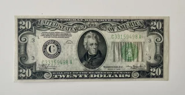 1934 $20 Federal Reserve Note Philadelphia LGS Light Green C33159498A Choice Unc
