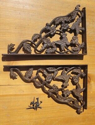 VTG Set of 2 Cast Iron Shelf Brackets Ornate Hummingbird Metal Corbels w/Screws