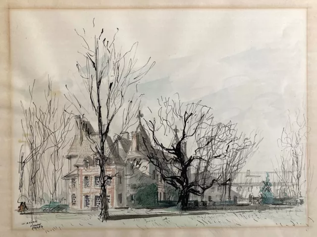 Pages Pierre aquarelle gouache et encre signée 1948 Le château du bréau art