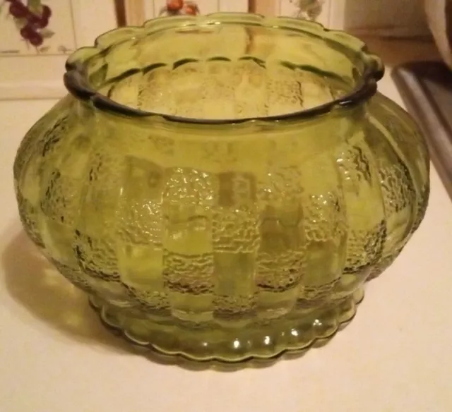 Vtg Olive Green  Vase Glass Planter/ Bowl A.L.R.Co. 5"  Ribbed