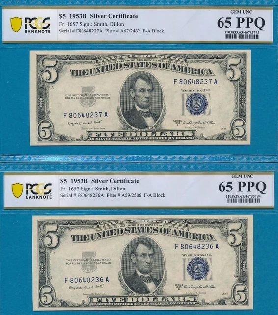 2-$5.00 1953-B Consecutive  Blue Seal Silver Certificates Pcgs Gem New 65Ppq