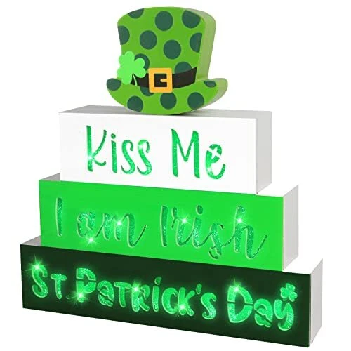 St Patricks Day Decorations Wooden Block Sign with Led Lights Light up Wood