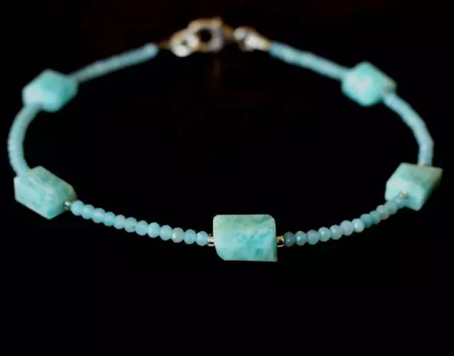 7.5" Bracelet Natural Amazonite Beads Round/Nuggets Solid 925 Silver #D655