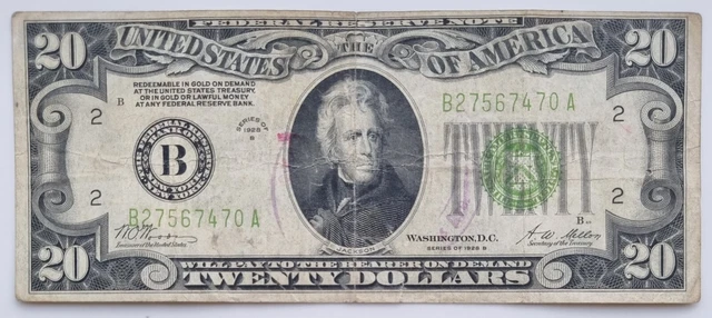 1928 B Twenty Dollar Federal Reserve Note $20 REDEEMABLE IN GOLD #65563
