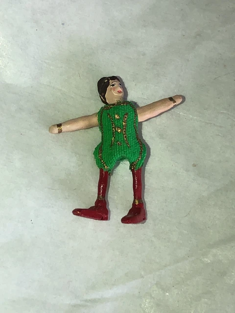 Super Tiny Miniature 1” Tall Strung Painted Metal Doll Figure Fabric Outfit