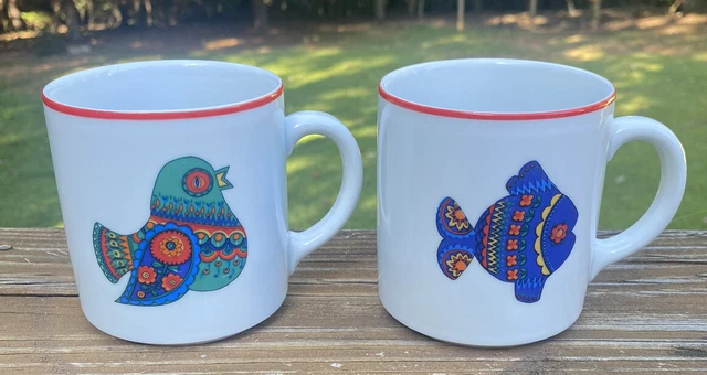 2 Vintage Bohemian Style Bareuther Waldsassen Germany Bird & Fish Coffee Tea Mug