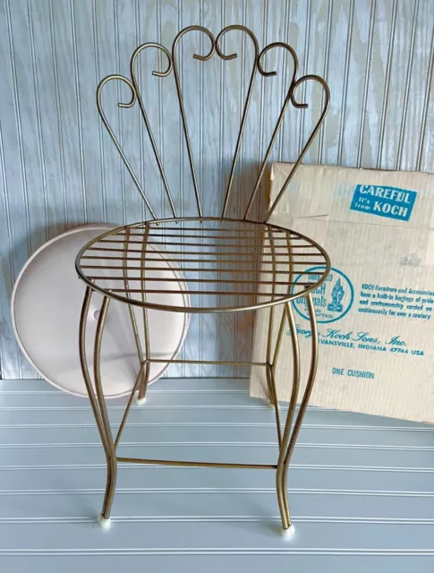 Vintage Gold Metal Vanity Stool Chair NOS Pink Cushion Hollywood Regency(?) MCM