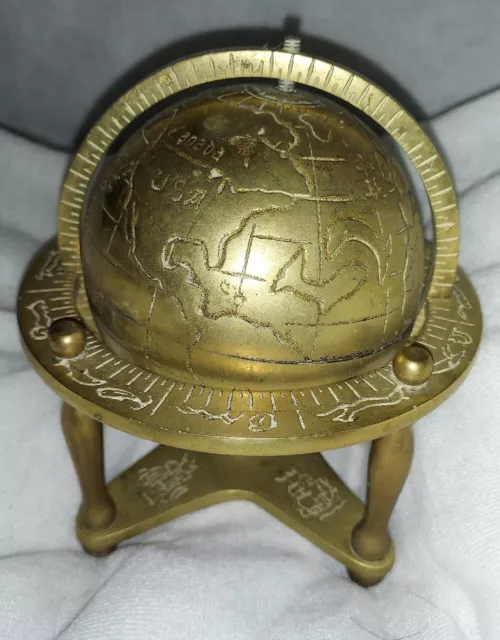 Vintage Heavy Brass Small Rotating Globe With Nautical Symbols