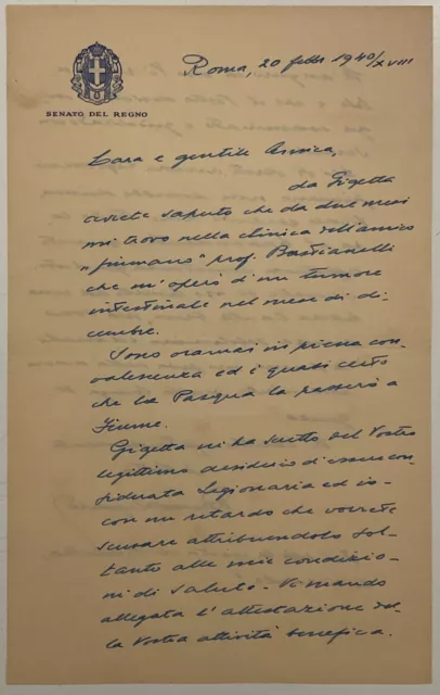 Gigante Riccardo Podestà Di Fiume Lettera Autografa A L.baccara Fiume 1919.1921