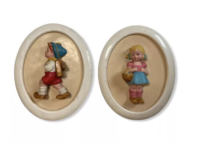 Pair of Vintage Plaster Oval Wall Plaques Nursery Boy Girl Hangings