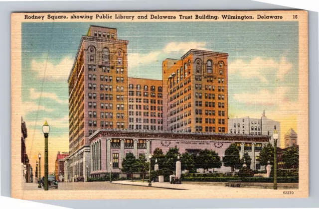 Wilmington DE-Delaware, Rodney Square, Public Library Vintage Souvenir Postcard