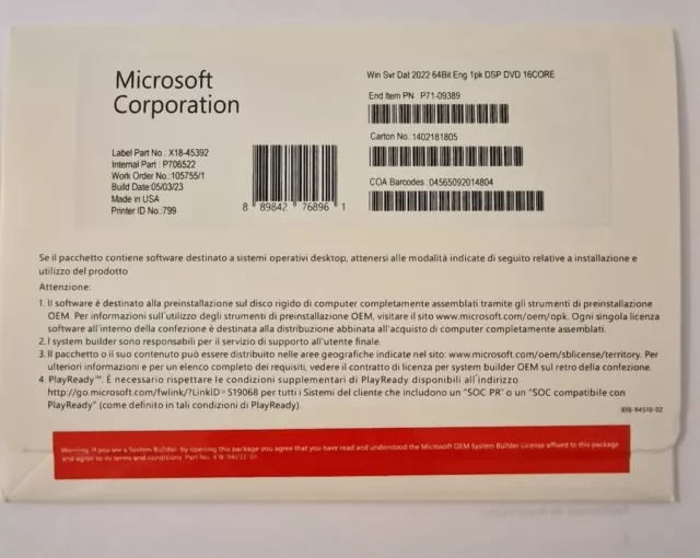 Microsoft Windows Server 2022 Datacenter 16 Core DVD