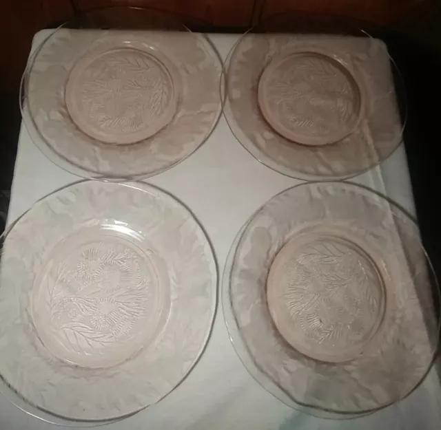 Set of 4 Vintage Macbeth-Evans Pink Depression Glass Plates in Thistle Pattern