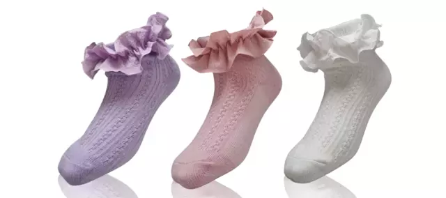 Calze alla caviglia arricciate frilly confezione multipla viola rosa bianco 3 paia età da 1 a 10