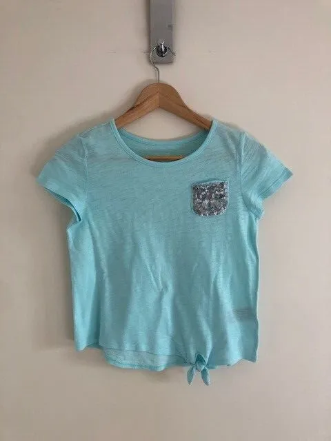 Girl's Gap pale turquoise short-sleeve T-shirt, with sequin pocket, age 12, VGUC