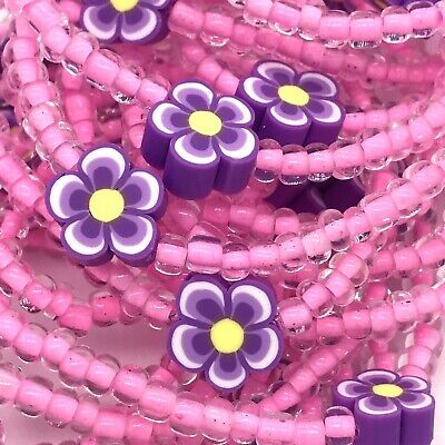 Purple Flower Beaded Stretch Bracelets Set Lot of 24 Kid Size Handmade USA