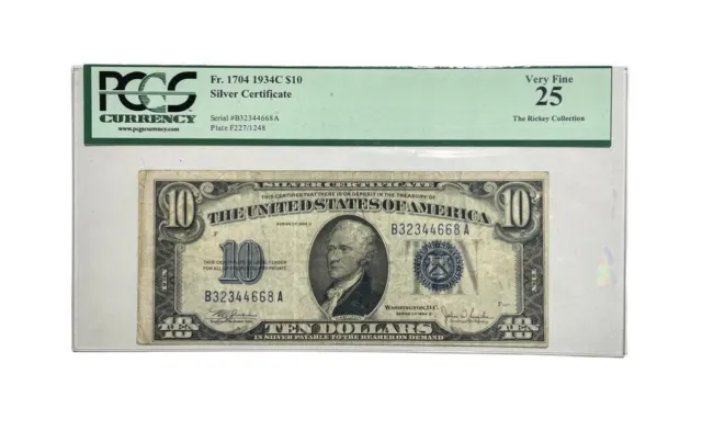 1934-C $10 (BA BLOCK) Silver Certificate PCGS VERY FINE VF25 PPQ 2