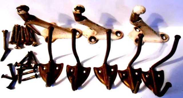 Two Sets of Antique Brass Coat Hooks