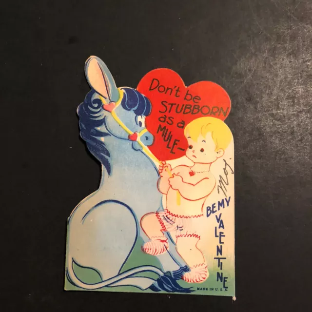 Vtg Die Cut Valentine Day Card Cute Boy Trying To Pull A Mule “Don’t Be Stubborn