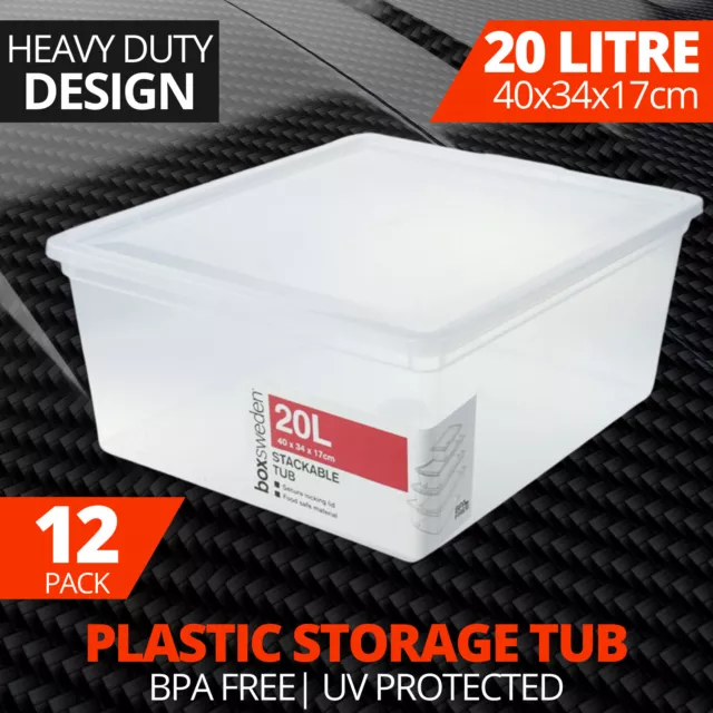 12 x LARGE PLASTIC STORAGE BOXES 20L | Stackable Containers Tubs Bins Box Tote