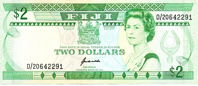 1995 Fiji 2 Dollar Bank Note P 90 Queen Elizabeth II as pictured D/20642291