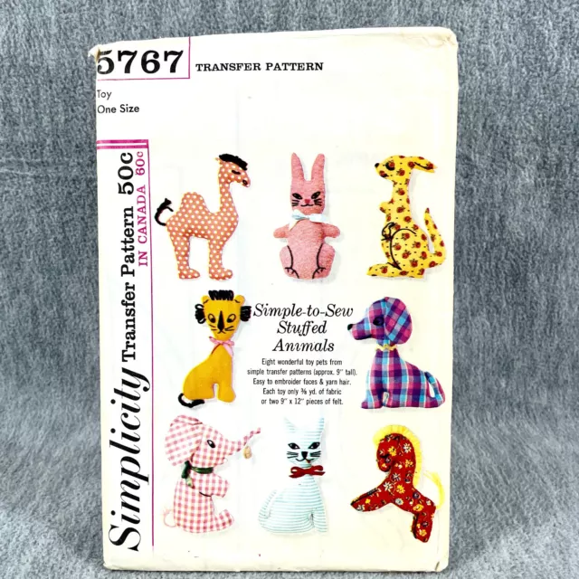 Simplicity 5767 Stuffed Toys Plush Kangaroo Rabbit Cat Dog Elephant Pattern