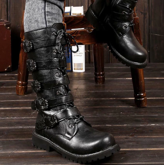Punk Rocker Boots Men GOTHIC MENS PUNK Rock Biker Knee High Army Combat Buckle Boots Military ...